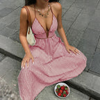 Sea Breeze Striped Deep V Beach Dress With Backless Sleeveless Maxi