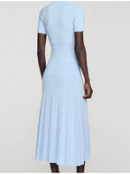 Baby Blue Knit Midi Dress With Button Front Short Sleeves Ruffles Slim Fit