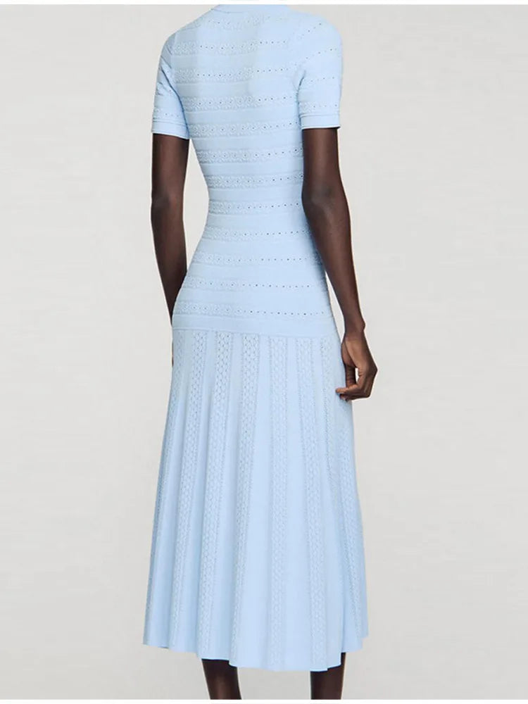 Baby Blue Knit Midi Dress With Button Front Short Sleeves Ruffles Slim Fit