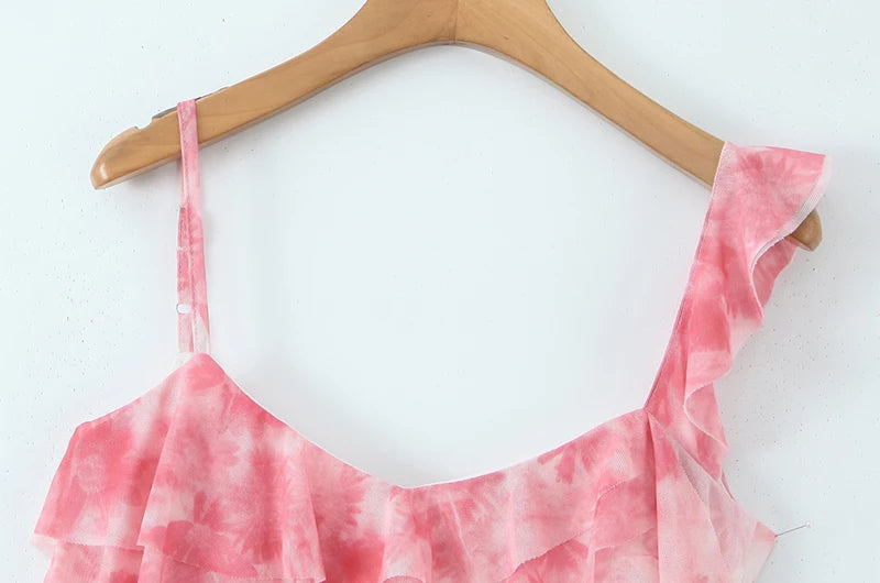 Vintage Print Asymmetrical Mesh Slim Backless Camisole
