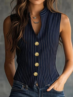 Vintage Vertical Stripe Sleeveless Blouse With Stand Collar Button Front