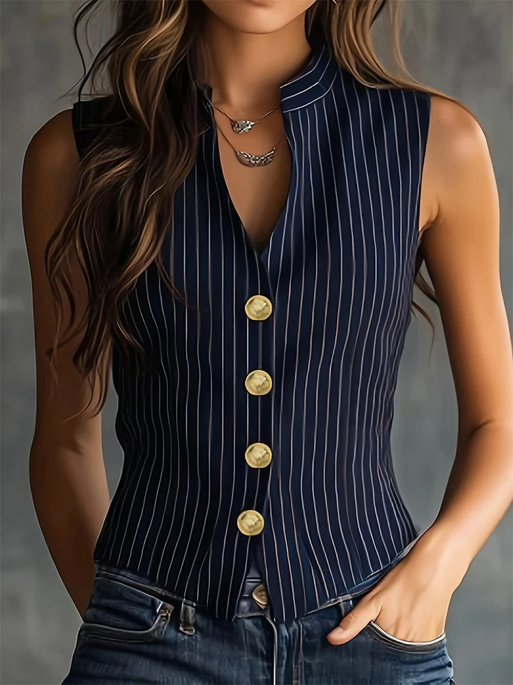 Vintage Vertical Stripe Sleeveless Blouse With Stand Collar Button Front
