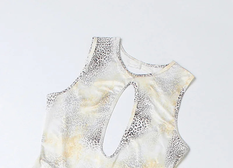 Leopard Print Hollow Out One Piece Romper With Backless Detail Sleeveless O Neck