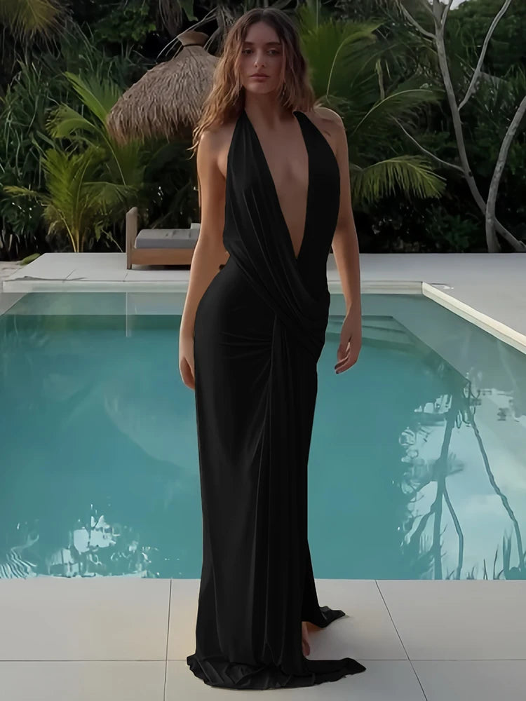 Elegant Halter Backless Maxi Dress With Deep V Neck And High Slit