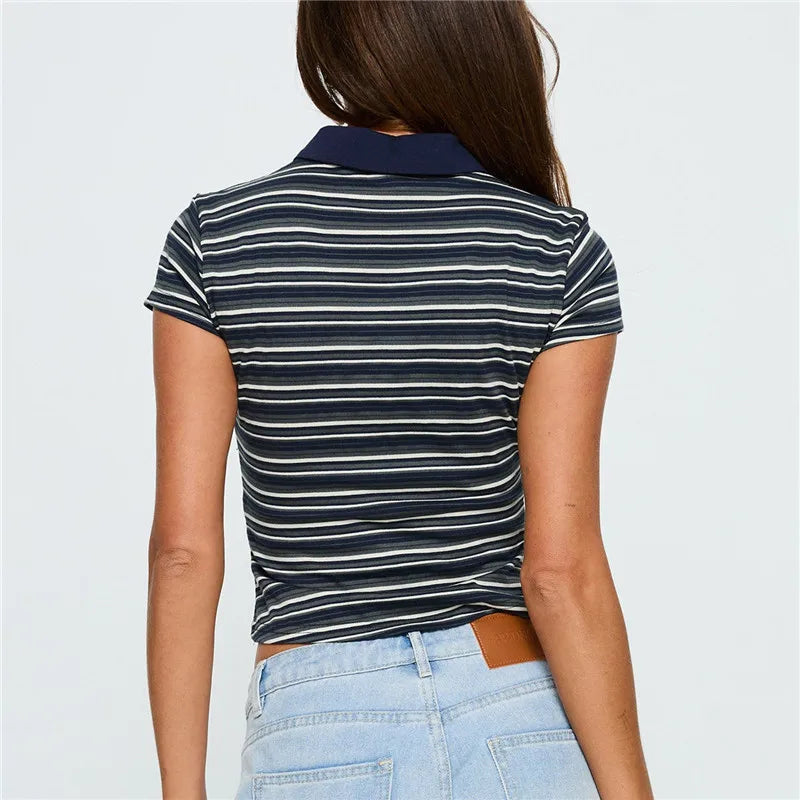 Striped Color Block Crewneck Tee With Oversized Fit Short Sleeve