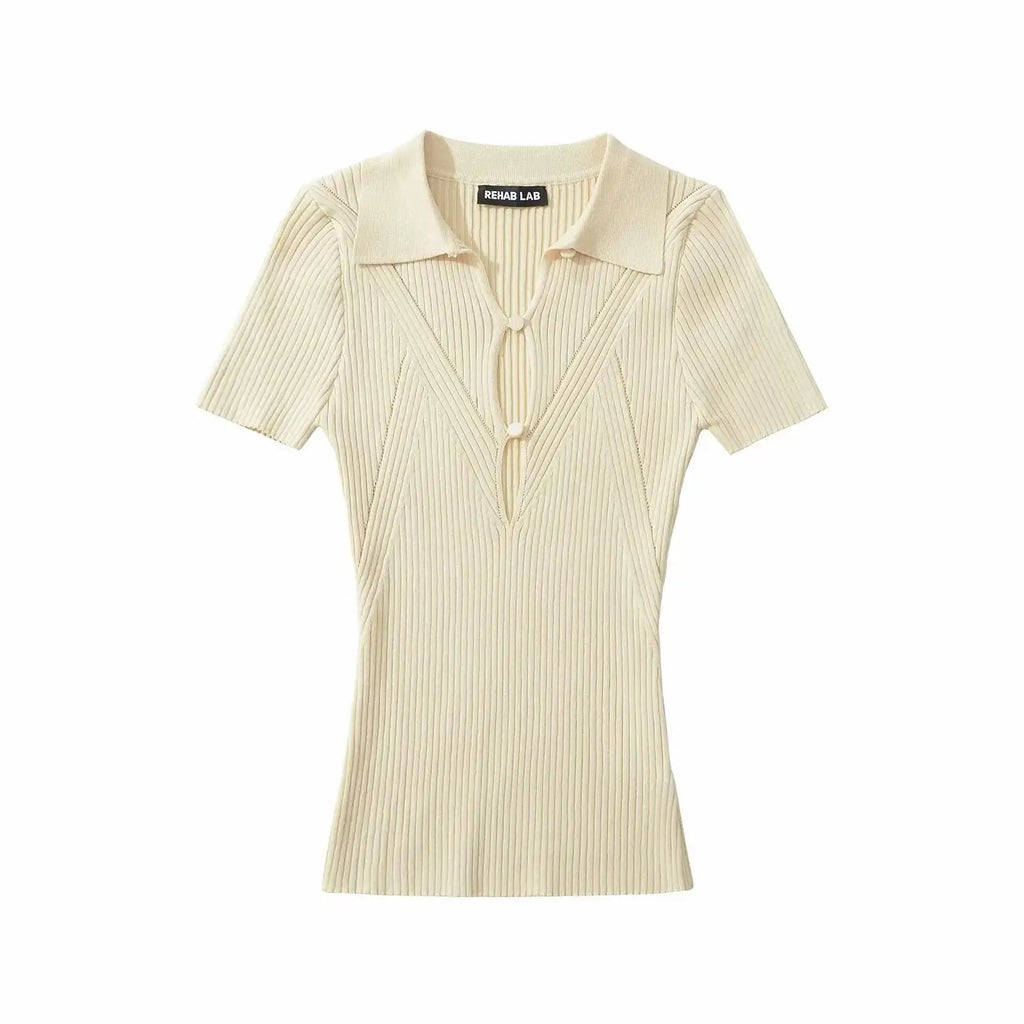 Knit Turn Down Collar Pullover For Women Slim Stretch Short Sleeve Top