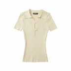 Knit Turn Down Collar Pullover For Women Slim Stretch Short Sleeve Top