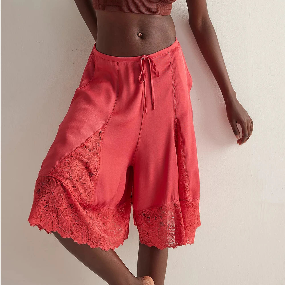 Y2K Lace Floral Bloomers Midi Pants With Silk Satin Patchwork Ruffles