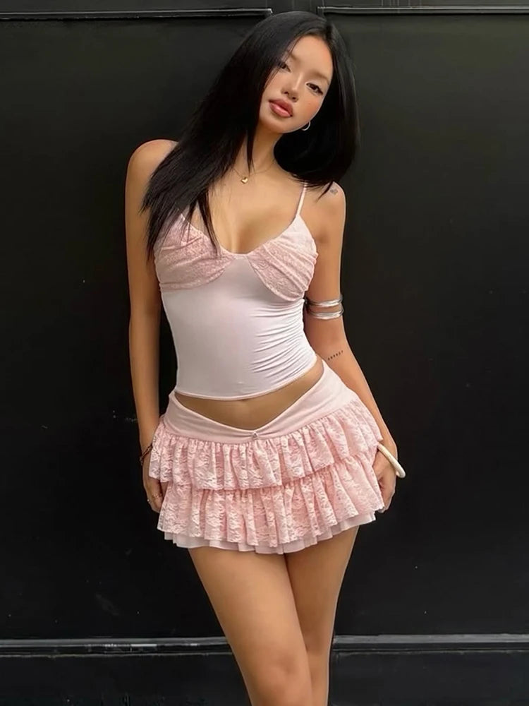 Retro Style Set For Summer Elegant Backless Camisole Top And Tiered Mini Skirt