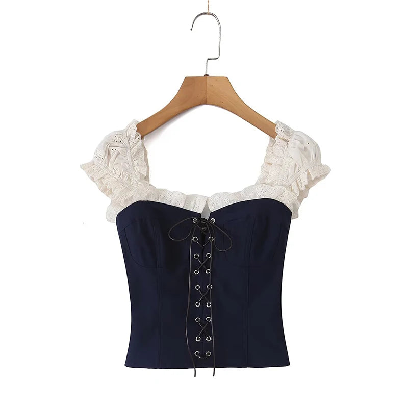 Women's Navy Blue Bustier Blouse With White Patchwork Lace-Up Front