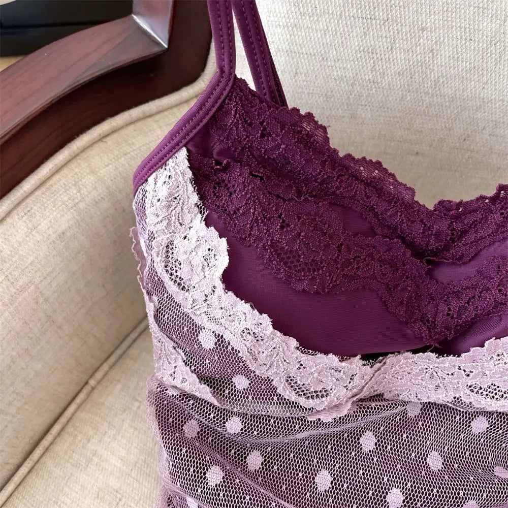Lace Dots Wrapped Camisole With Pads Slim Fit Tank Top