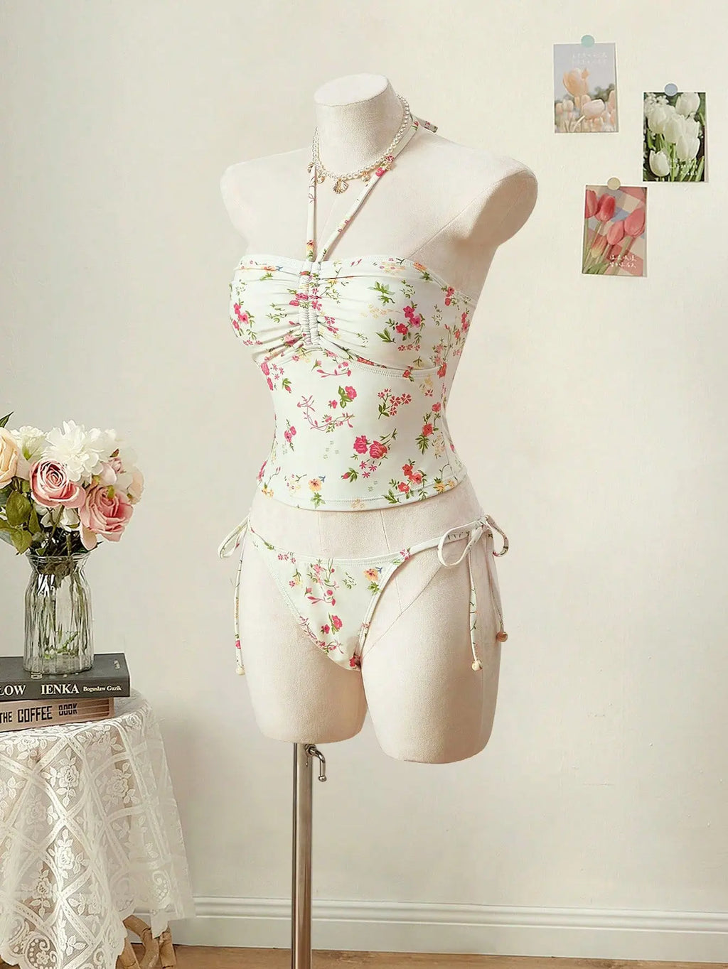 Floral Tankini Two Piece Swimsuit Halter Neck High Waist Backless Beachwear