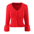 Hollow Crochet Knit Cropped Sweater in Beige and Red Long Sleeve Knit Top for Women