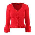 Hollow Crochet Knit Cropped Sweater in Beige and Red Long Sleeve Knit Top for Women