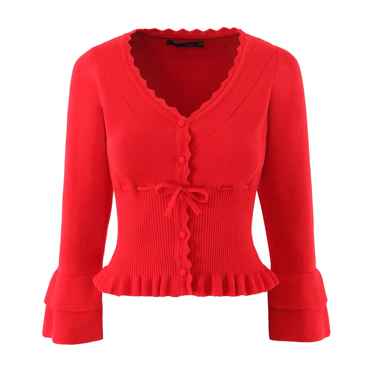 Hollow Crochet Knit Cropped Sweater in Beige and Red Long Sleeve Knit Top for Women