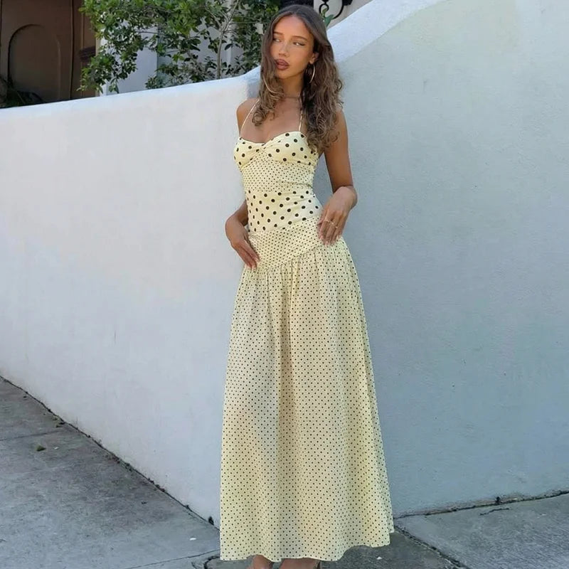 Backless Lace Up Polka Dot Maxi Dress