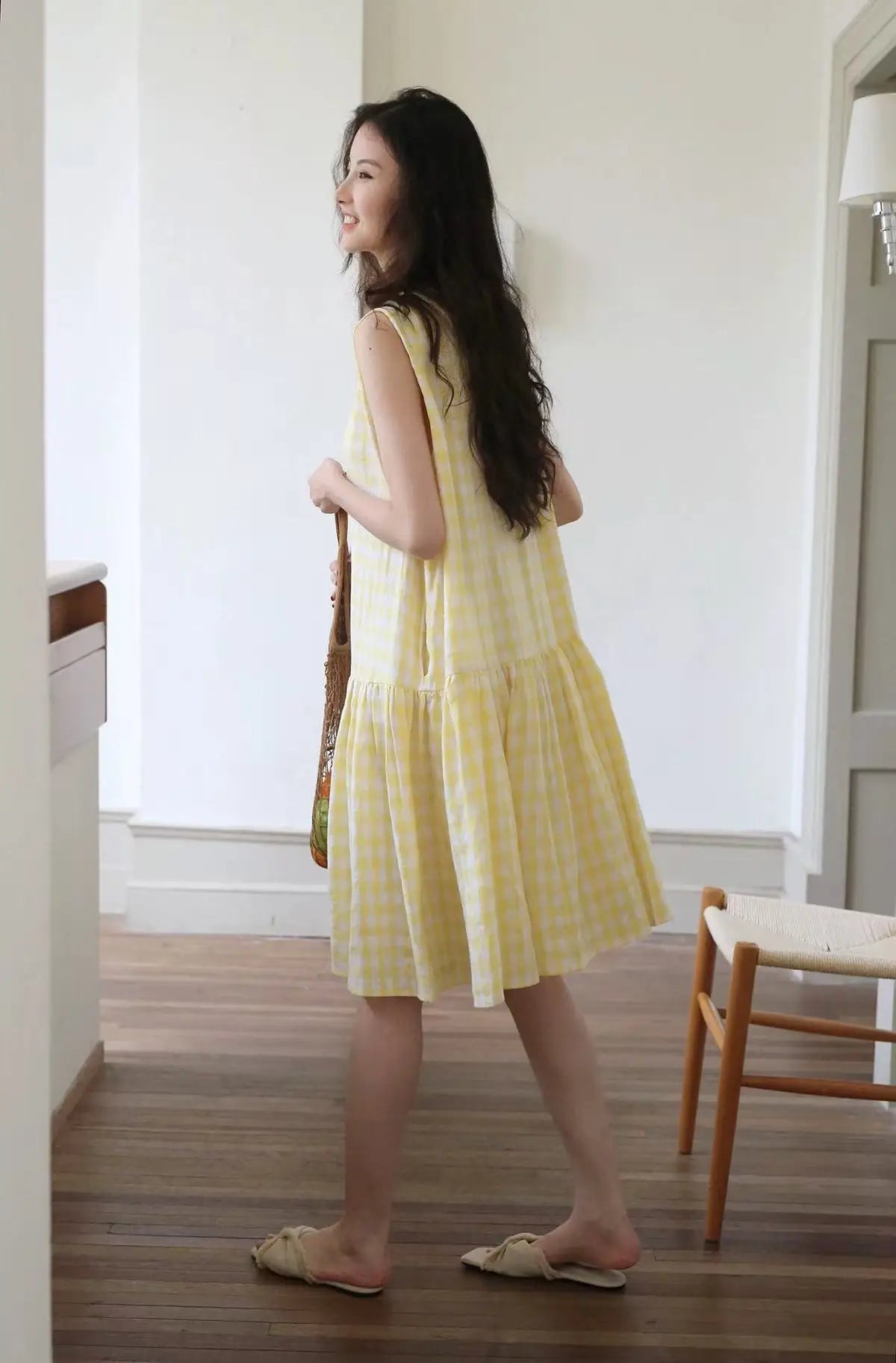 Sunny Plaid Cotton Dress Sleeveless Round Neck Vacation Dress
