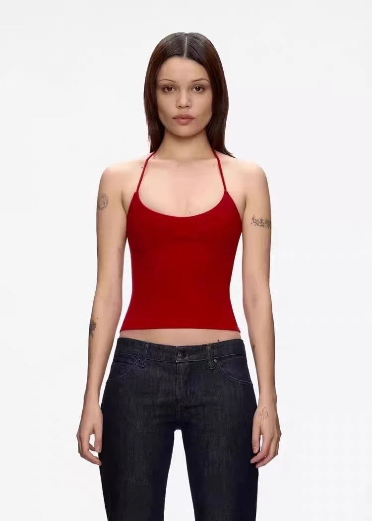 Lace Up Halter Tank And Suspender Long-sleeves Open Back Design For Chic Vibe