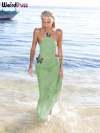 Sheer Halter Dress With Butterfly Appliques Hollow Ruffle Details Elegant Gown