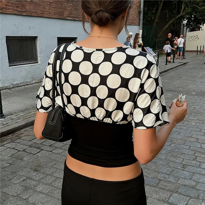 Vintage Y2K Polka Dot Patchwork V Neck Crop Top Women Short Sleeve