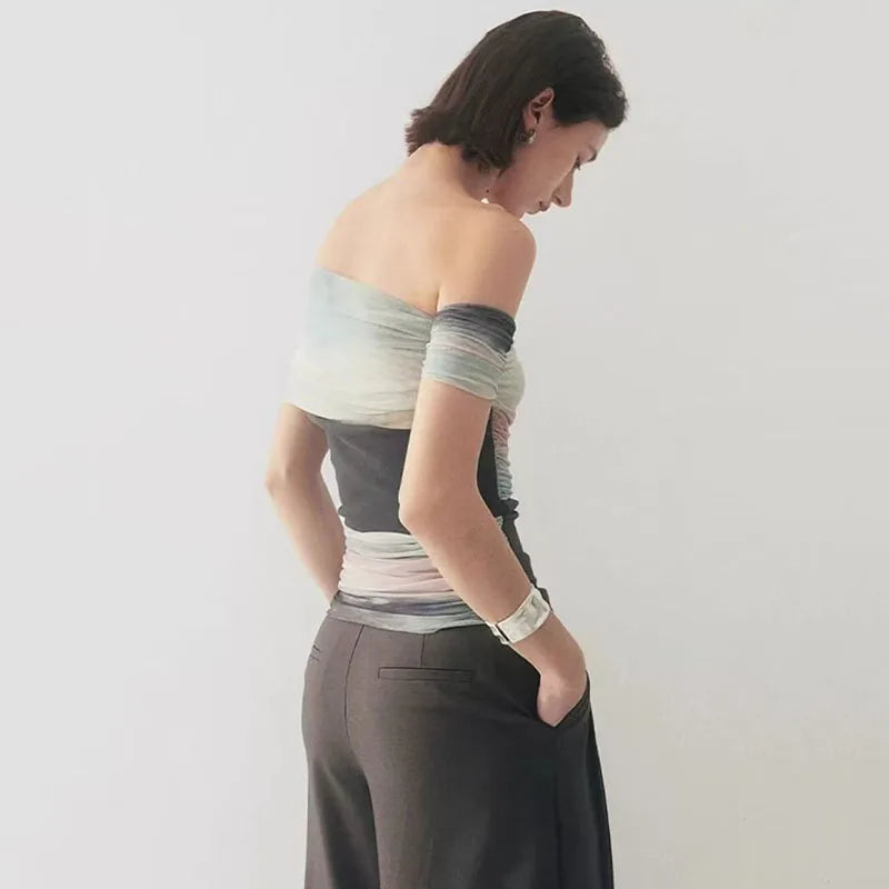 Bold Tie Dye Mesh Crop Top With Slash Neck And Patchwork