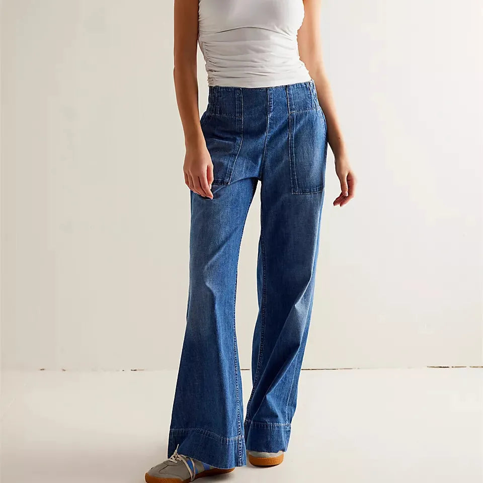 Denim Pull-On Jeans With High Waist Baggy Straight Leg Stretchy Full Length Trousers Nineties Inspired Streetwear