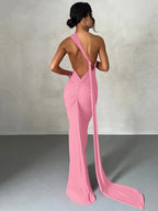 One Shoulder Backless Ruched Slim Long Dress