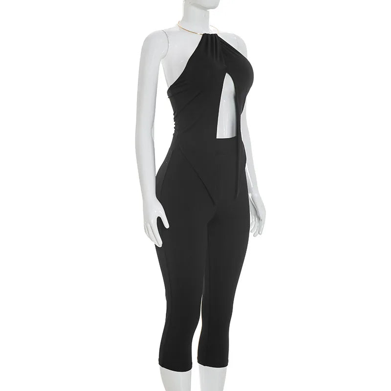 Urban Halter Crop Top And High Waist Capri Set With Metal Ring Detail Two-piece