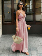Sea Breeze Striped Deep V Beach Dress With Backless Sleeveless Maxi