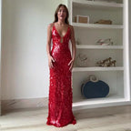 Gleaming Sequined V Neck Maxi Dress Sleeveless Backless High Waist Gown