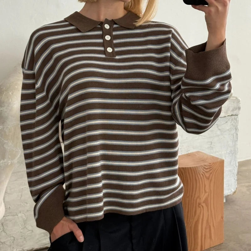 Vintage Rib Knitted Striped Collared Sweater Loose Long Sleeve Pullover Knit Top