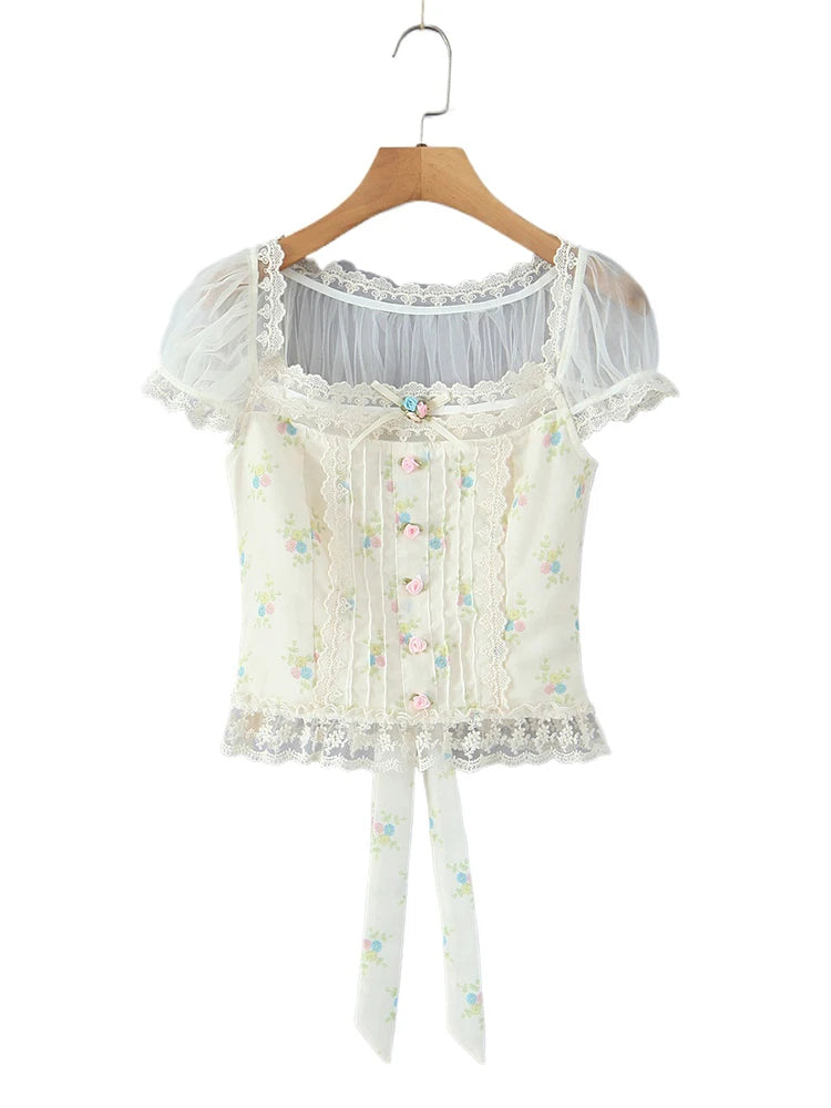 Sweet Floral Print Chic Lace Short Blouses Vintage Square Collar Puff Sleeve Slim Shirt