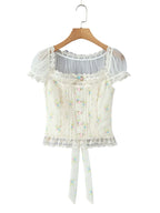 Sweet Floral Print Chic Lace Short Blouses Vintage Square Collar Puff Sleeve Slim Shirt