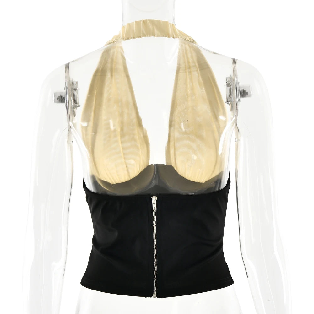 Halter Backless Patchwork Crop Top Sleeveless Cinched Waist