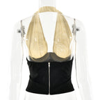 Halter Backless Patchwork Crop Top Sleeveless Cinched Waist