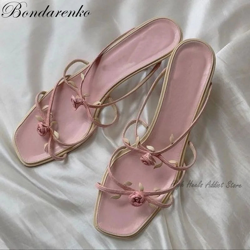 Vintage Rose Slippers With Flowers Strappy Low Heel Mules