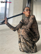 Mesh Print Maxi Bodycon Dress With Turtleneck And Long Sleeves