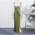 Two Piece Lace Up Top V Neck Sleeveless And A Line Skirt Set