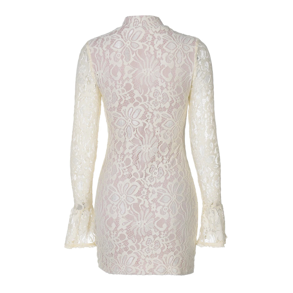 Lace Patchwork Hollow Out Mini Dress With Turtleneck And Long Flare Sleeves