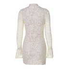 Lace Patchwork Hollow Out Mini Dress With Turtleneck And Long Flare Sleeves