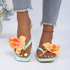 Clip Toe Flower Sandals With Square Front And Comfortable Flat Sole For Summer