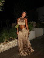 Two Piece Set Solid Color O Neck Top With Backless Lace Up And High Waist A Line Skirt