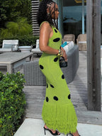 Midnight Sleeveless Knit Maxi Dress With Hollow Dot Tassel Hem
