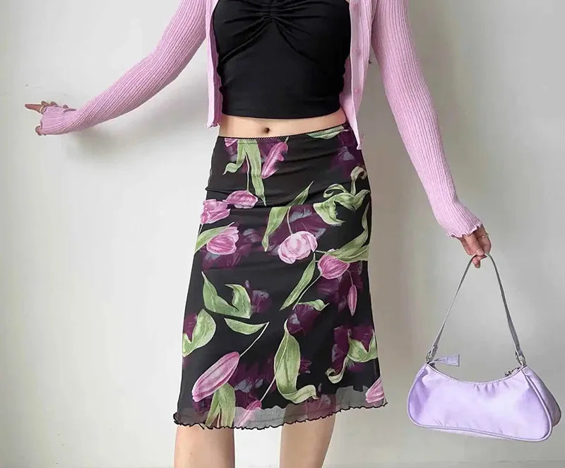 Vintage Floral Mesh High Waist Midi Mermaid Skirt