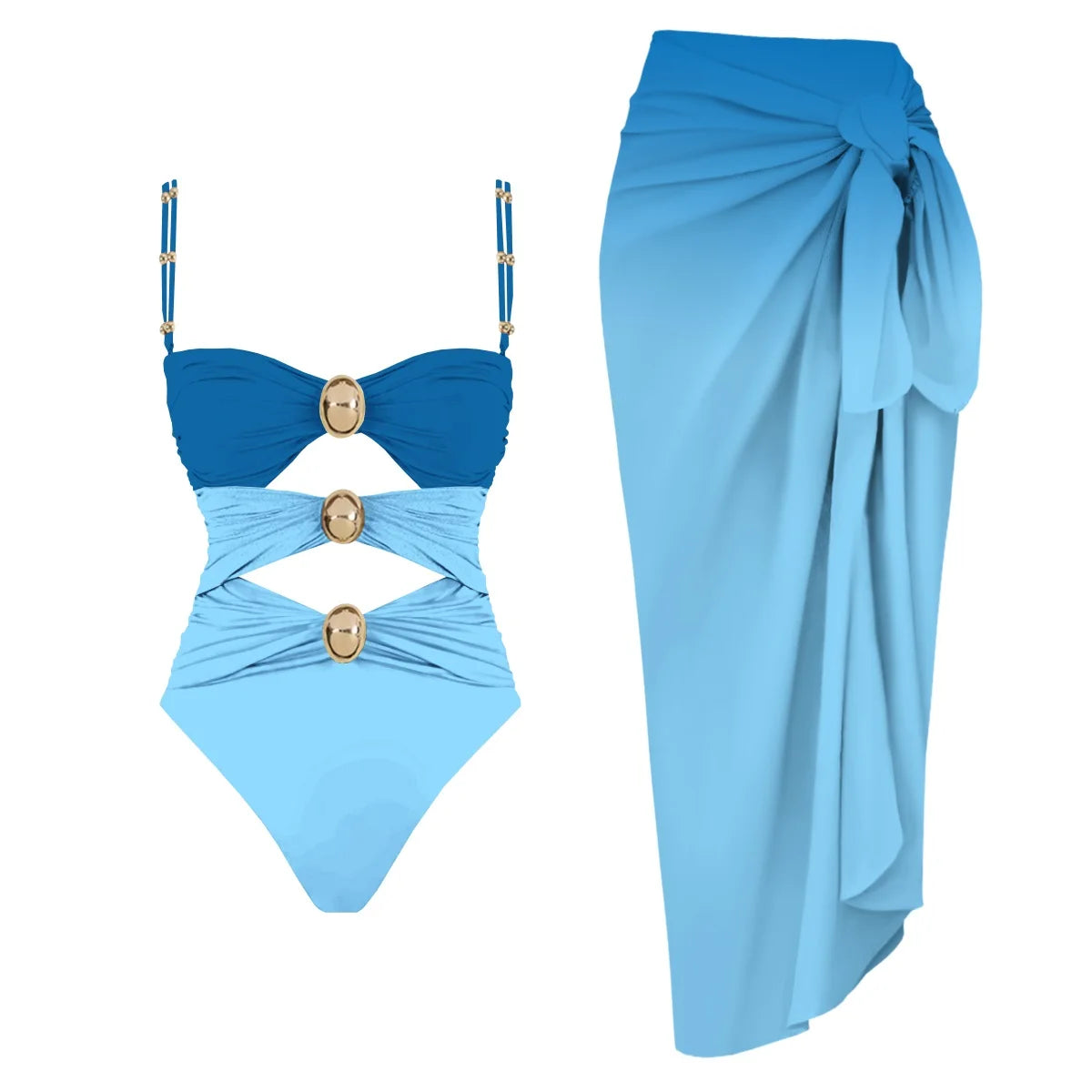 Off Shoulder Patchwork Belted One Piece Swimsuit With Cover Up for Beachside