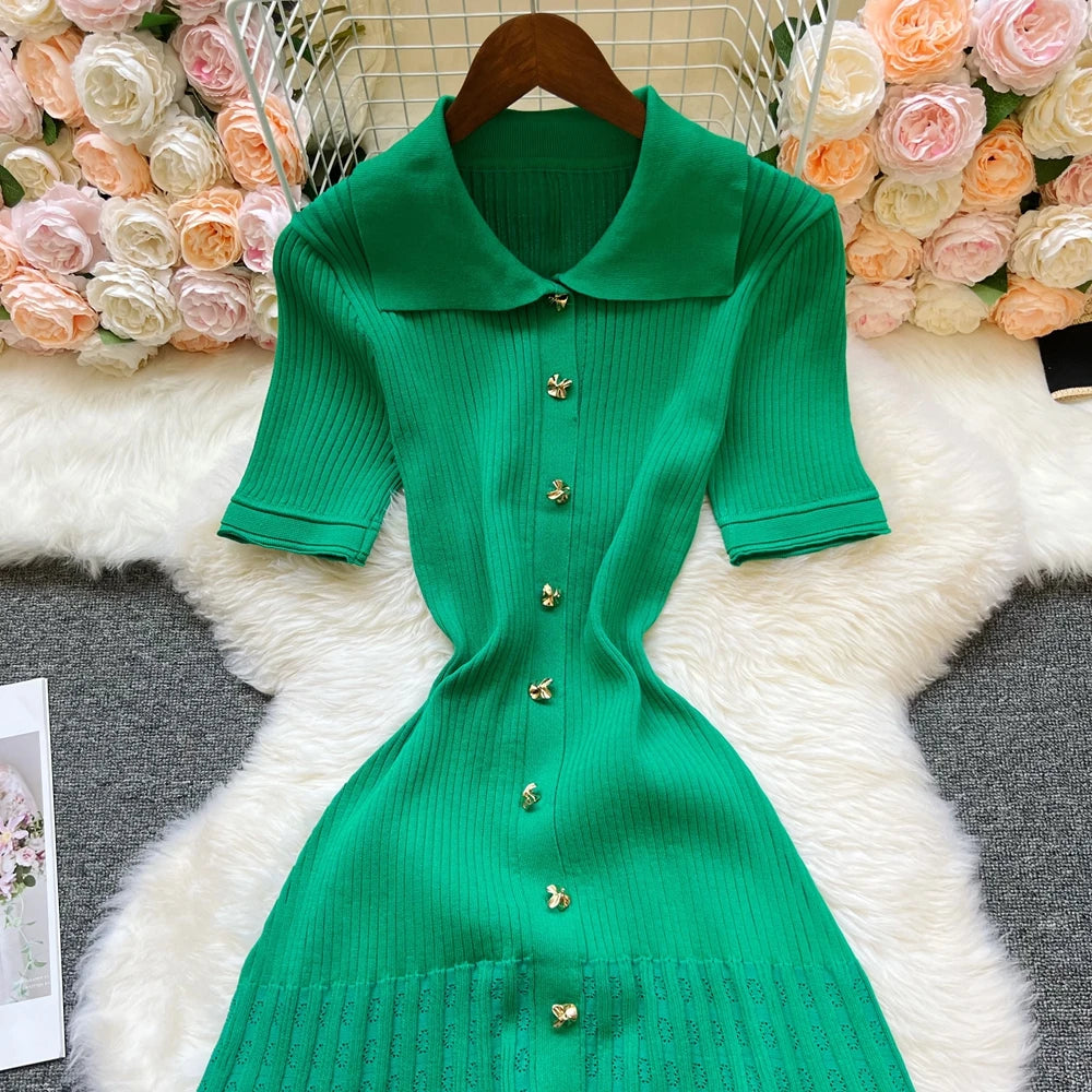 Vintage Inspired Turn Down Collar Knit Maxi Shirt Dress