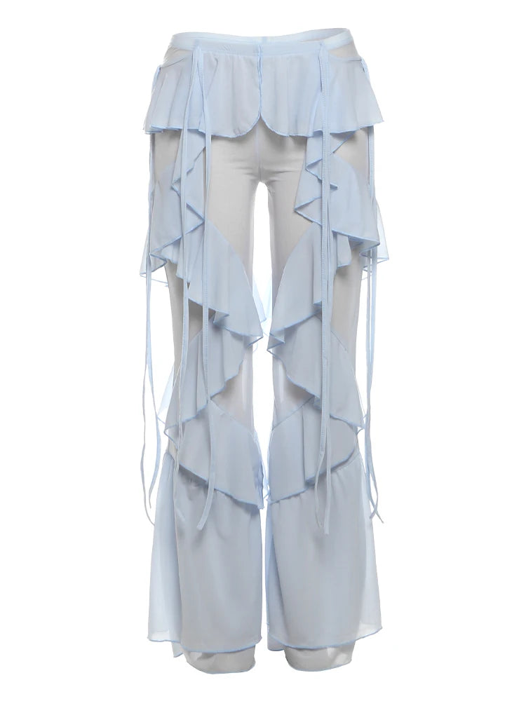 Irregular Tiered Flare Pants With Patchwork See Through