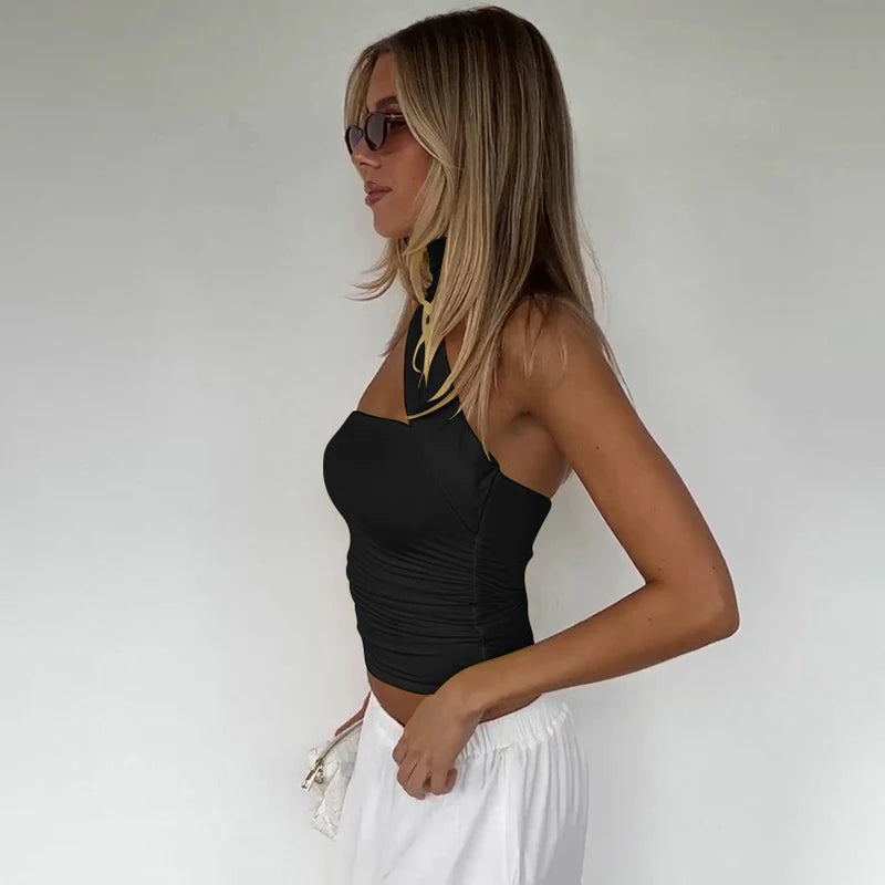 Elegant Halter Crop Top With Scarf Strap Ruched Slim Solid Design For Summer Streetwear
