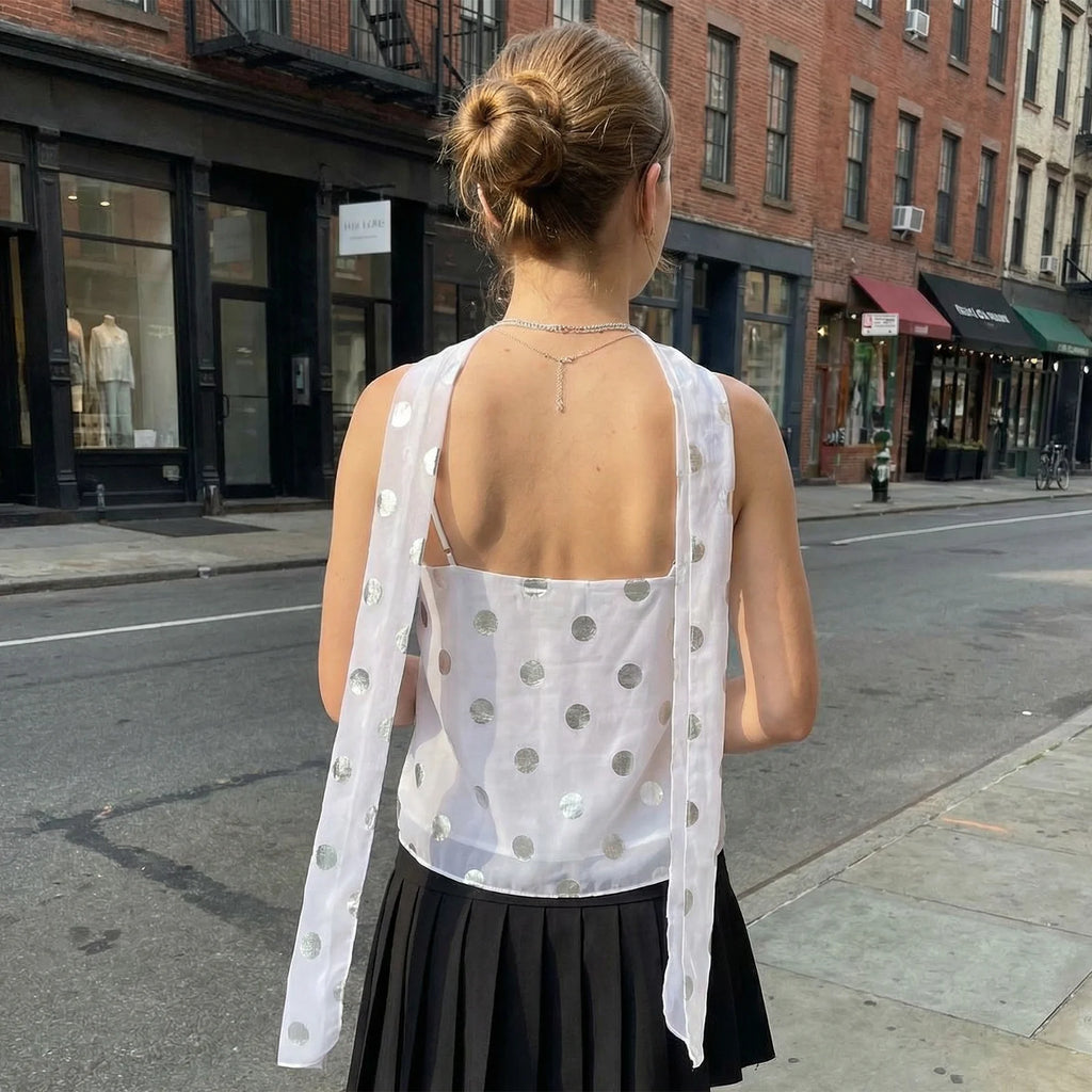 Shiny Sequins Polka Dot Camisole Backless Round Neck Top With Scarf