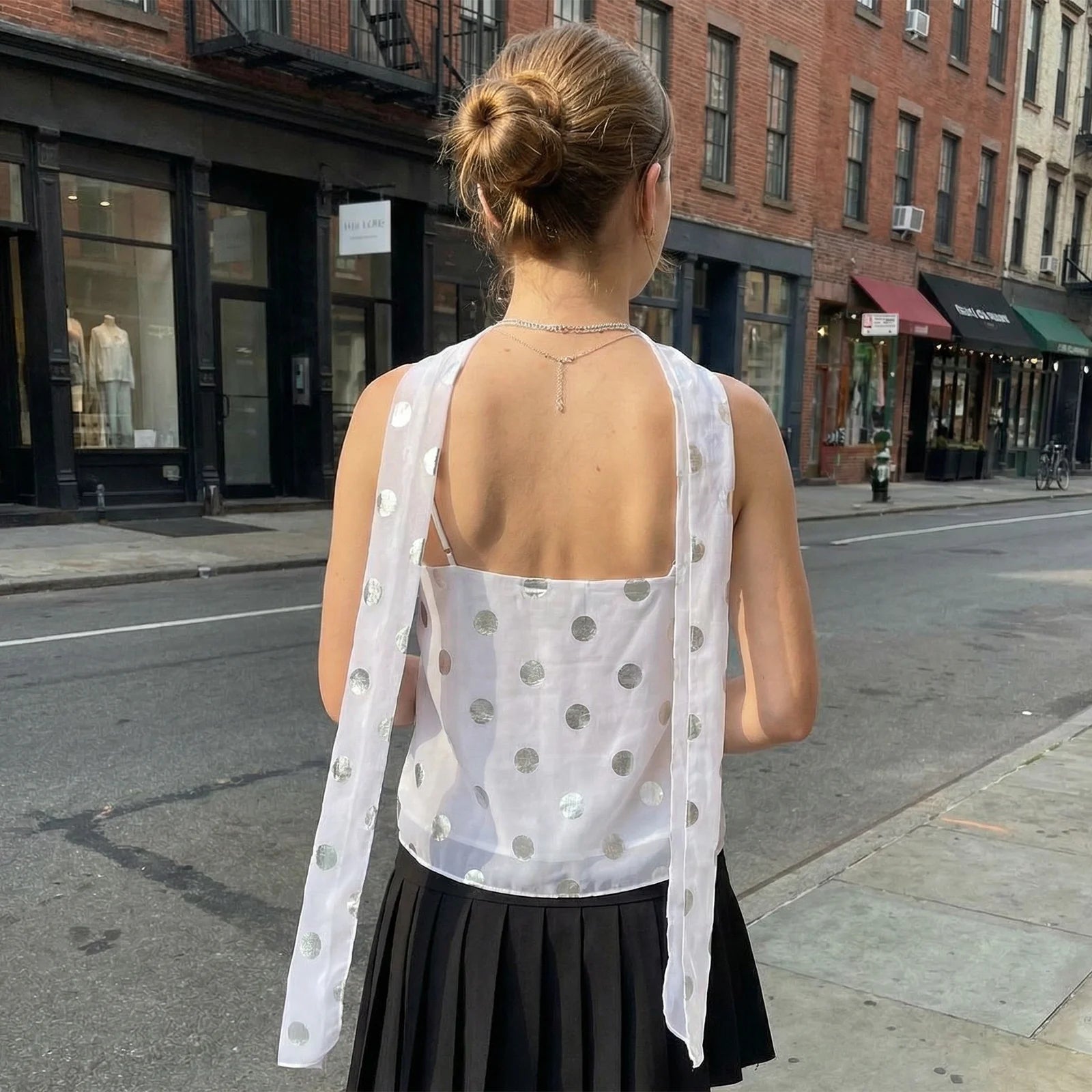 Shiny Sequins Polka Dot Camisole Backless Round Neck Top With Scarf